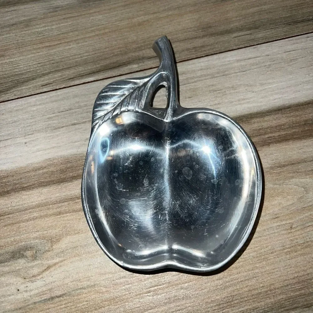 Pewter Apple Trinket Dish Tray Signed R H Macy & Co Made in India Silver Tone